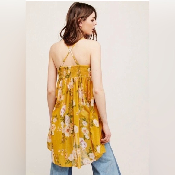FREE PEOPLE Tunic MIRAGE Convertible Top Dress Floral Hi Lo Smocked Mustard - Picture 2 of 9
